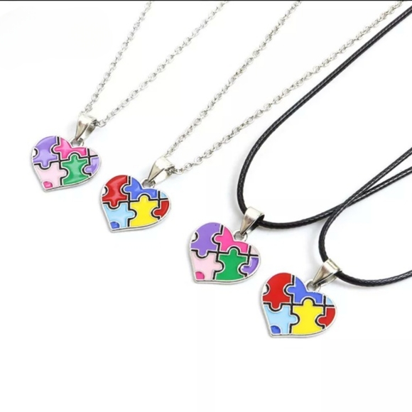 New Autism Awareness Necklace Heart Puzzle Piece Charm Silver Chain Pink - Picture 4 of 8